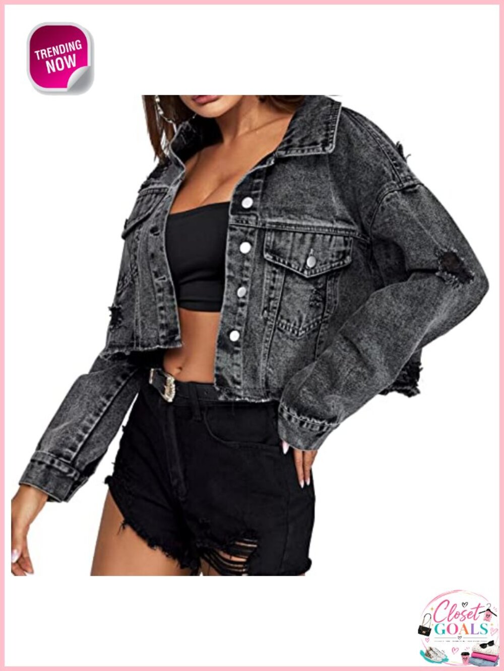 Cropped Distressed Denim Jacket Button-Down Ripped Frayed - Picture 2 of 6